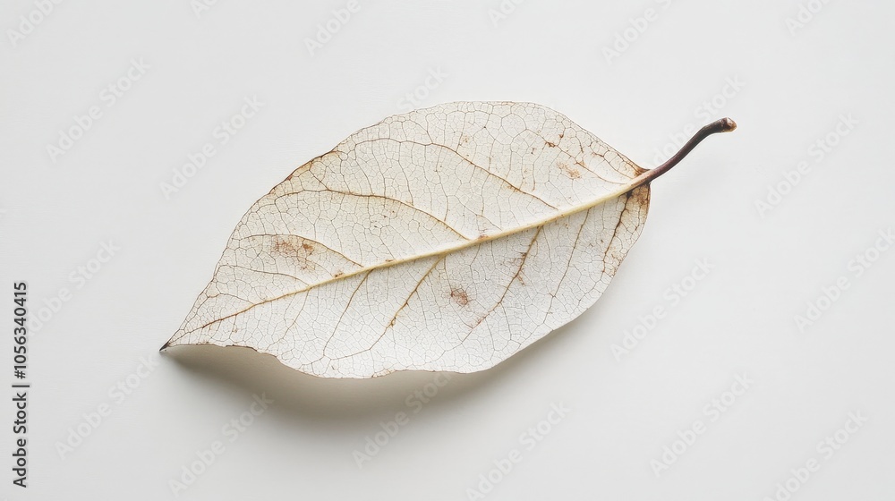 Poster a single, fragile leaf from a plant, displayed with a clean white backdrop to emphasize its delicate