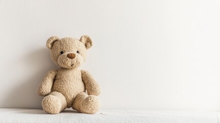 Obraz premium A small brown teddy bear sitting on a plain white backdrop, its worn fur and friendly face evoking memories of comfort and care
