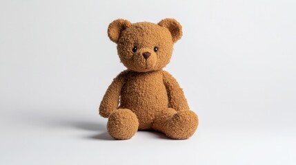 Obraz premium A small brown teddy bear sitting on a plain white backdrop, its tiny size and soft texture creating a sense of warmth and nostalgia