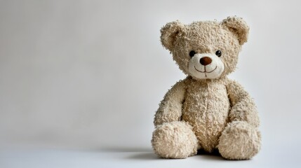 Obraz premium A small brown teddy bear sitting quietly on a clean white background, its soft fur and button eyes capturing the essence of childhood comfort