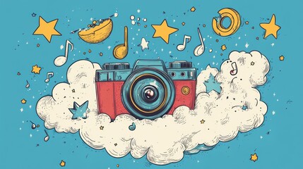 A vintage-style camera sits on a fluffy white cloud surrounded by music notes, stars, and other whimsical doodles against a bright blue background.