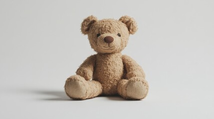 Obraz premium A small brown teddy bear with a stitched nose and soft fur, peacefully sitting against a simple white background, a symbol of love and comfort