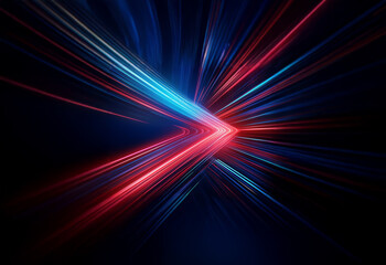 Abstract light streaks in red and blue radiate outwards from the center of a dark background, creating a dynamic and energetic feel.