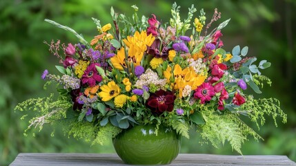 Colorful Floral Arrangement in Green Bowl Decoration