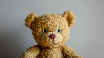 Obraz premium A small brown teddy bear, with its soft fur and button eyes, resting gently on a simple background, a timeless symbol of comfort