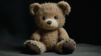 Obraz premium A small brown teddy bear, with its soft fur and button eyes, resting gently on a simple background, a timeless symbol of comfort