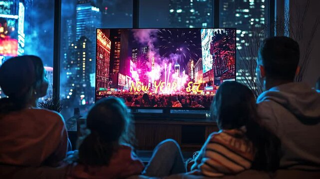 Family gathered around the TV watching the New Year&acirc;&euro;&trade;s Eve ball drop in Times Square, with excitement and anticipation in the air. . Video