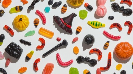 A spooky selection of Halloween sweets, including witch-themed chocolates and colorful gummy worms, spread across a white canvas