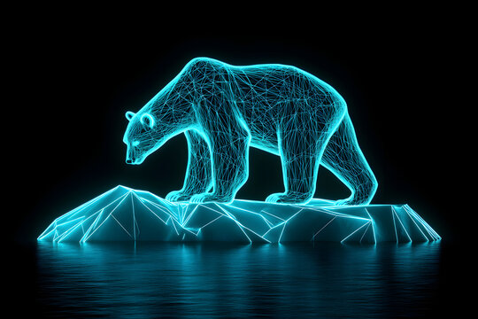 A modern artistic representation of a polar bear in pursuit on an icy glacier, with wireframe details illuminated in neon colors.