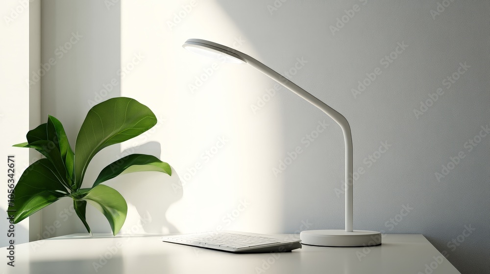 Poster a stylish desk lamp with a minimalist design and adjustable brightness, set against a bright white b