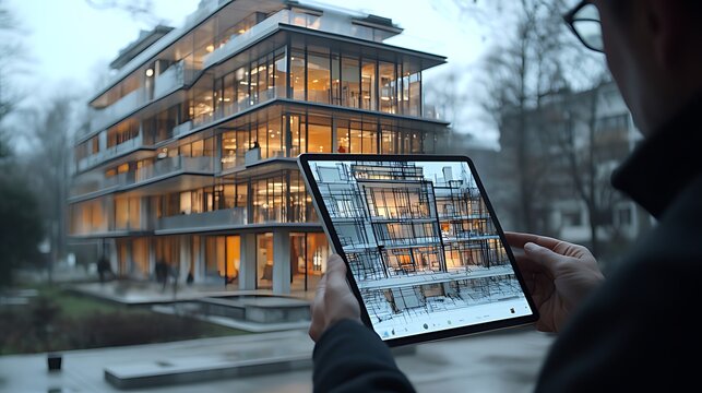 A man uses a tablet to view a 3D model of a modern building, standing in front of the actual building.