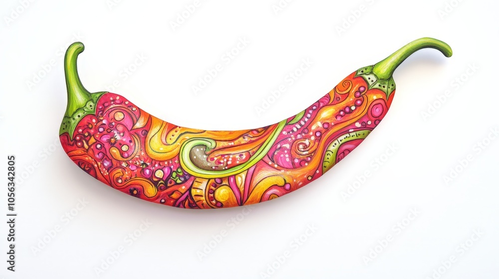 Poster a stylized drawing of a pepper with intricate patterns, displayed on a pristine white background for
