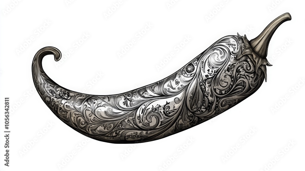 Poster a stylized drawing of a pepper with intricate patterns, displayed on a pristine white background for