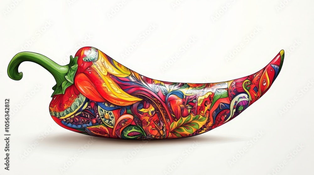 Poster a stylized drawing of a pepper with intricate patterns, displayed on a pristine white background for