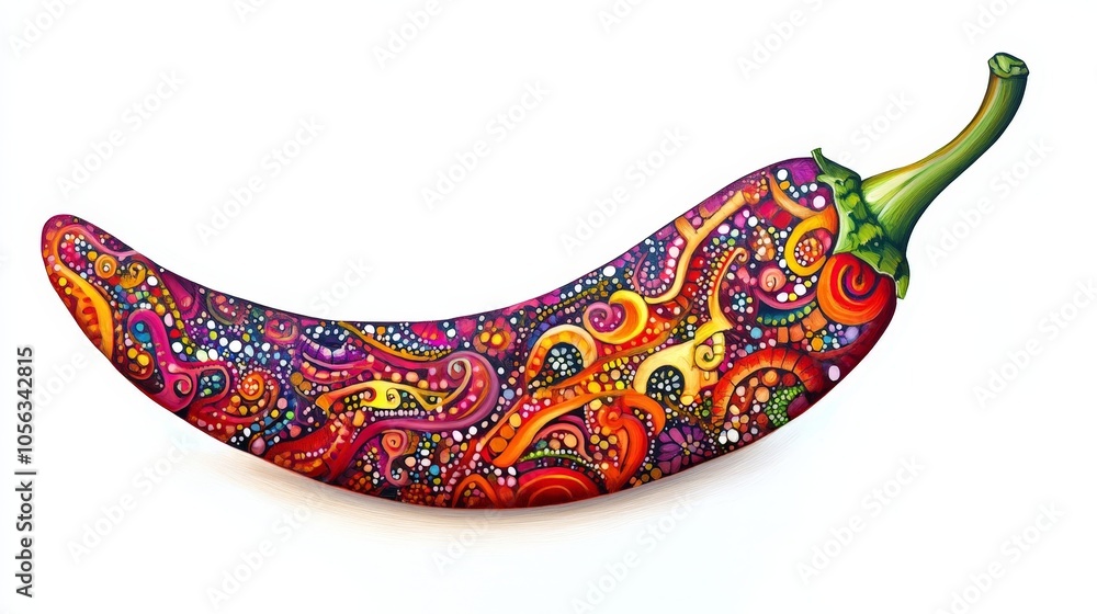 Poster a stylized drawing of a pepper with intricate patterns, displayed on a pristine white background for