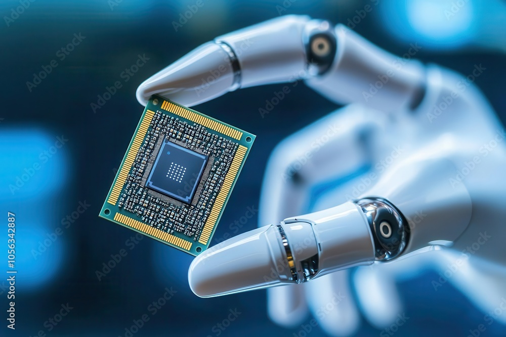 Poster a robotic hand holds a microchip, showcasing the intersection of technology and artificial intellige