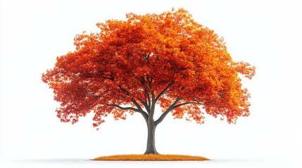 A tall maple tree with bright red and golden leaves, standing against a white background, showcasing the rich colors of fall