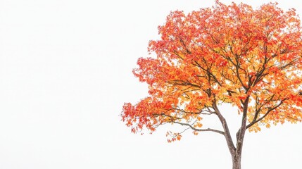 A tall maple tree with bright red and golden leaves, standing against a white background, showcasing the rich colors of fall