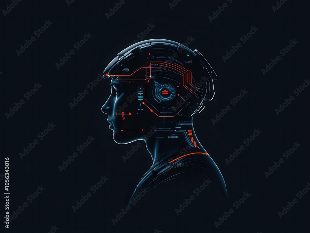 Poster a futuristic profile of a human head with digital circuitry and glowing elements, representing advan