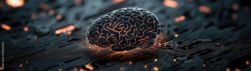 Poster a futuristic depiction of a brain surrounded by glowing circuits, symbolizing the intersection of te