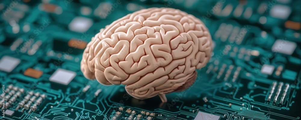 Poster a brain model on a circuit board symbolizes the intersection of neuroscience and technology, illustr