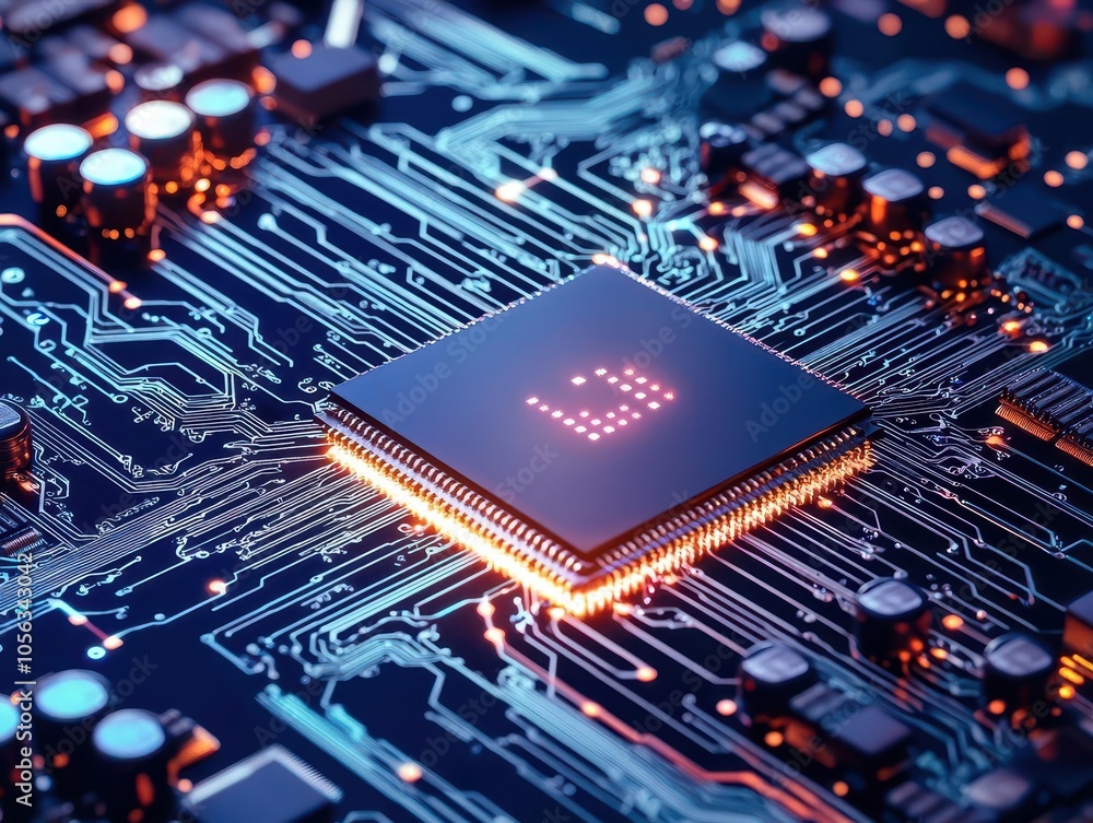 Poster a close-up view of a microchip on a circuit board, featuring intricate designs and glowing connectio