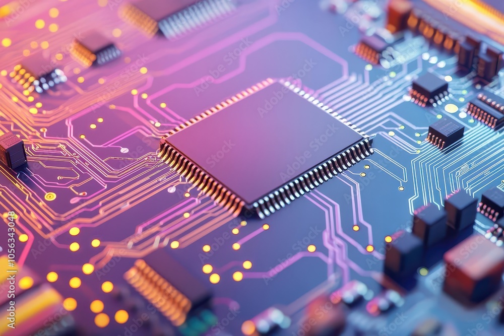 Poster a close-up view of a colorful circuit board featuring intricate circuitry and a central chip, illust