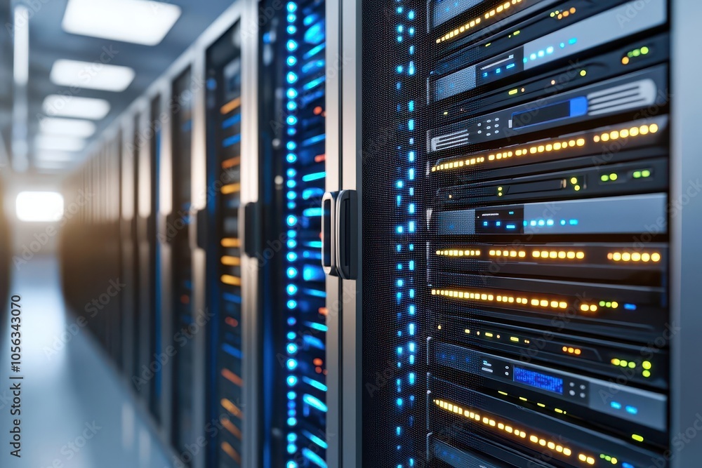 Aufkleber a close-up view of server racks showcasing illuminated network equipment, emphasizing a modern data 