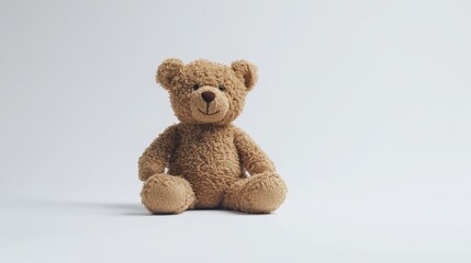 Obraz premium A tiny brown teddy bear sitting serenely against a blank white backdrop, its soft fur and friendly smile creating a scene of warmth and care