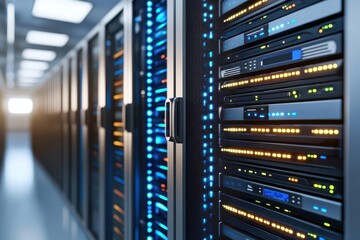 Fototapeta premium A close-up view of server racks showcasing illuminated network equipment, emphasizing a modern data center environment.