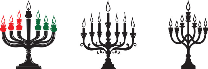 Silhouette of a menorah with seven candles lit, vector silhouette
