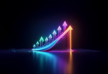 A neon blue, green, and orange upward trend arrow graph on a black background.