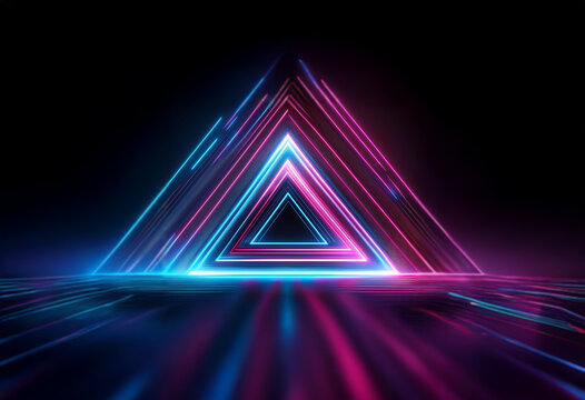 A glowing neon triangle pyramid stands on a dark background, with blue and pink lights emanating from its base. - Powered by Adobe