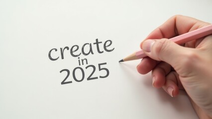 A close-up of a hand sketching the words "Create in 2025" with a pencil, symbolizing creativity, ideas, and artistic pursuits for the coming year. It encourages innovation and personal growth