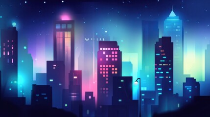 Vibrant Night Cityscape with Neon Lights and Skyscrapers