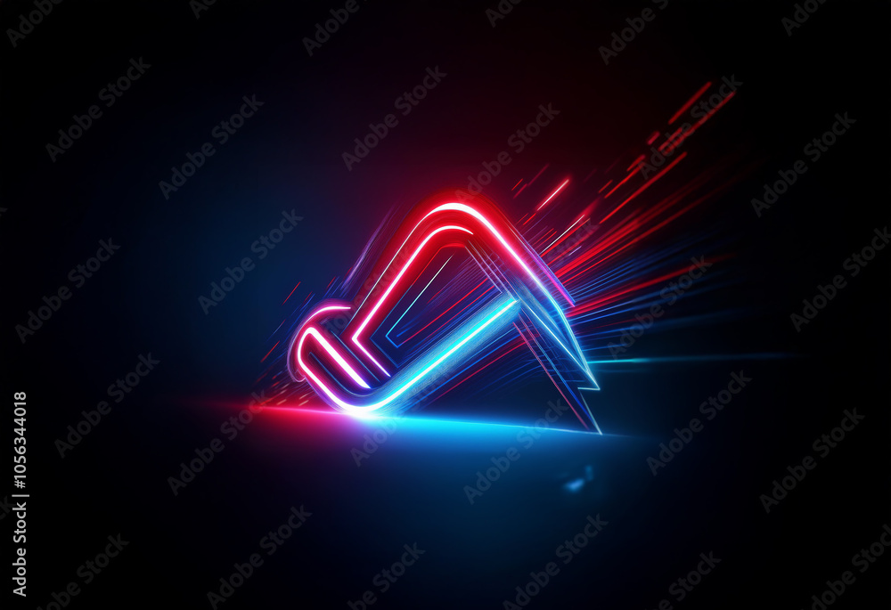 Poster a glowing abstract shape with red and blue neon light streaks emanating from it. the shape appears t