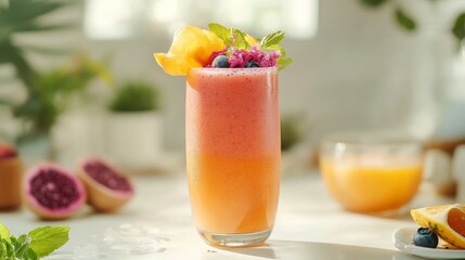 A vibrant canistel smoothie recipe displayed on a bright white table, showcasing ingredients and a finished drink for inspiration