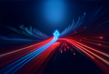 An arrow, glowing blue, ascends a path of light against a dark backdrop. Red and blue streaks of light converge toward the arrow's tip, highlighting the upward trajectory.