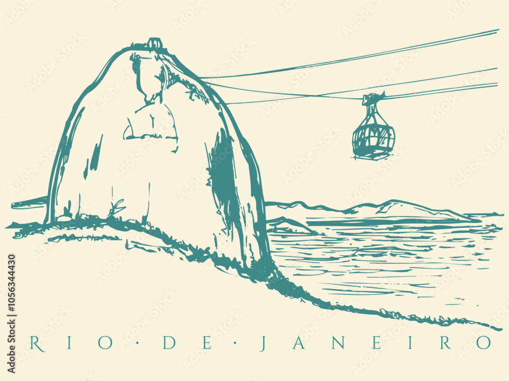 Wall mural mountain illustration with cable car in the city of rio de janeiro, brazil. art in free and unclutte