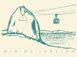 Mountain illustration with cable car in the city of Rio de Janeiro, Brazil. Art in free and uncluttered lines.
