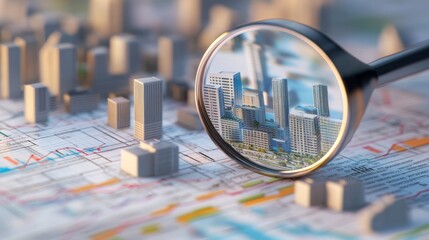 A magnifying glass reflects a cityscape over a map, symbolizing exploration, urban planning, and detailed analysis of geographical locations.