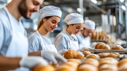 handsome bakers working together at baking manufacture. 