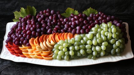 A vibrant display of whole and sliced grapes, artistically arranged on a white platter for an eye-catching centerpiece