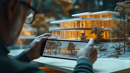 A man takes a photo of a miniature model of a house with his smartphone.