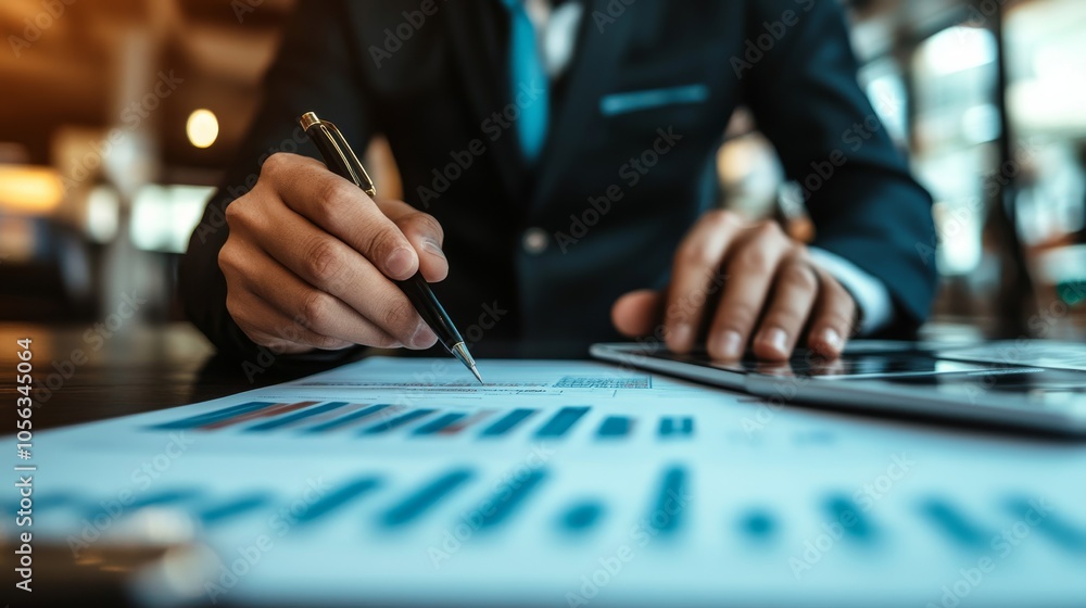 Poster a professional evaluating financial charts and graphs, emphasizing analysis and strategy in a busine