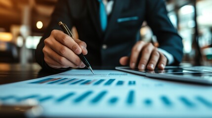 A professional evaluating financial charts and graphs, emphasizing analysis and strategy in a business environment.