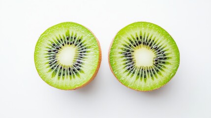 A vibrant kiwi fruit sliced in half, showcasing its bright green flesh and tiny black seeds, elegantly displayed on a clean white background for a fresh look