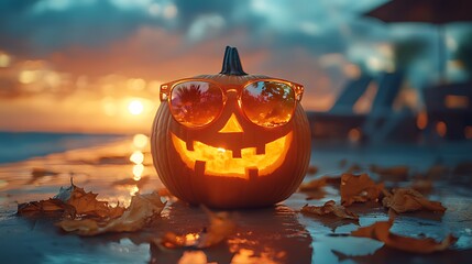 A carved pumpkin with sunglasses sits on a beach with a sunset in the background.