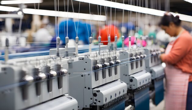 Close-up view of knitting machines in a textile factory showcasing intricate details of the manufacturing process