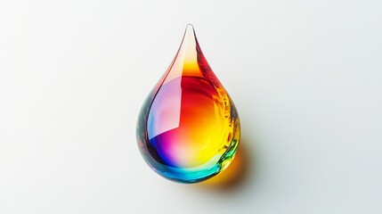 A water drop refracting light, creating a spectrum of colors, elegantly showcased on a clean white backdrop for a striking effect